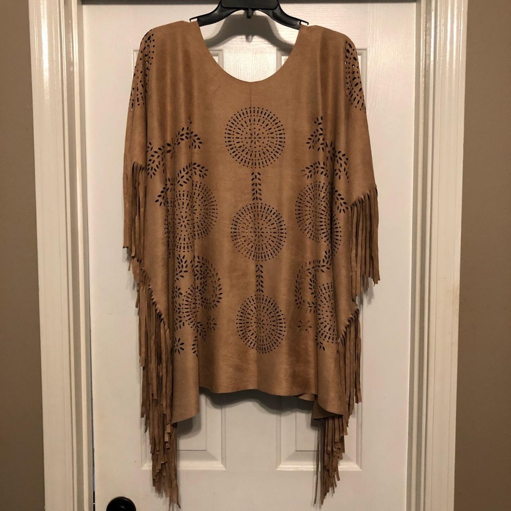 Faux suede fringe poncho